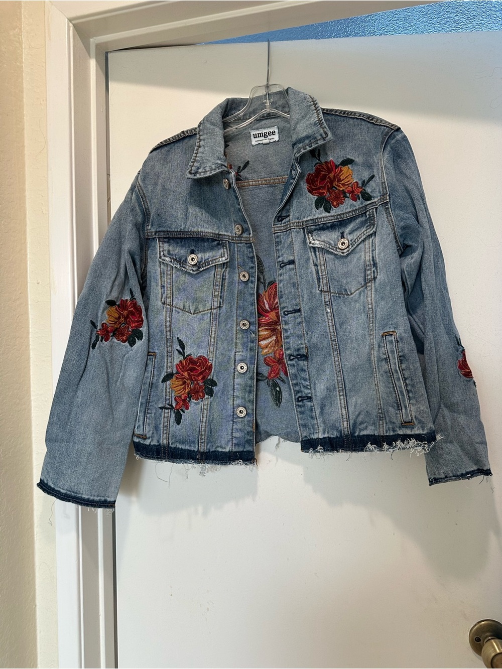 Umgee Light Wash Denim Jacket with Red Floral Embroidery